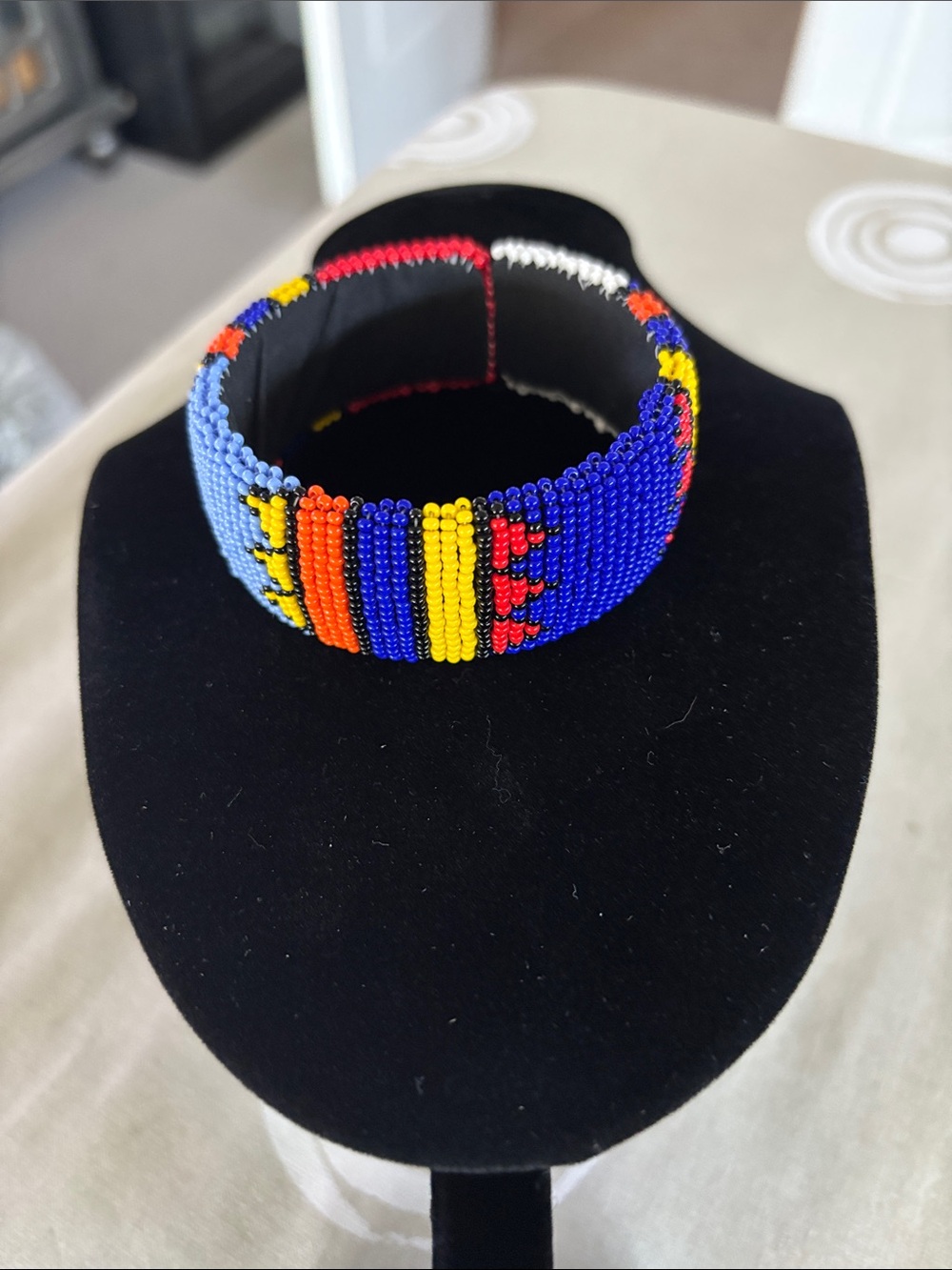 Handmade Multicolor Beaded Cuff Bracelet - Blue, Yellow & Red